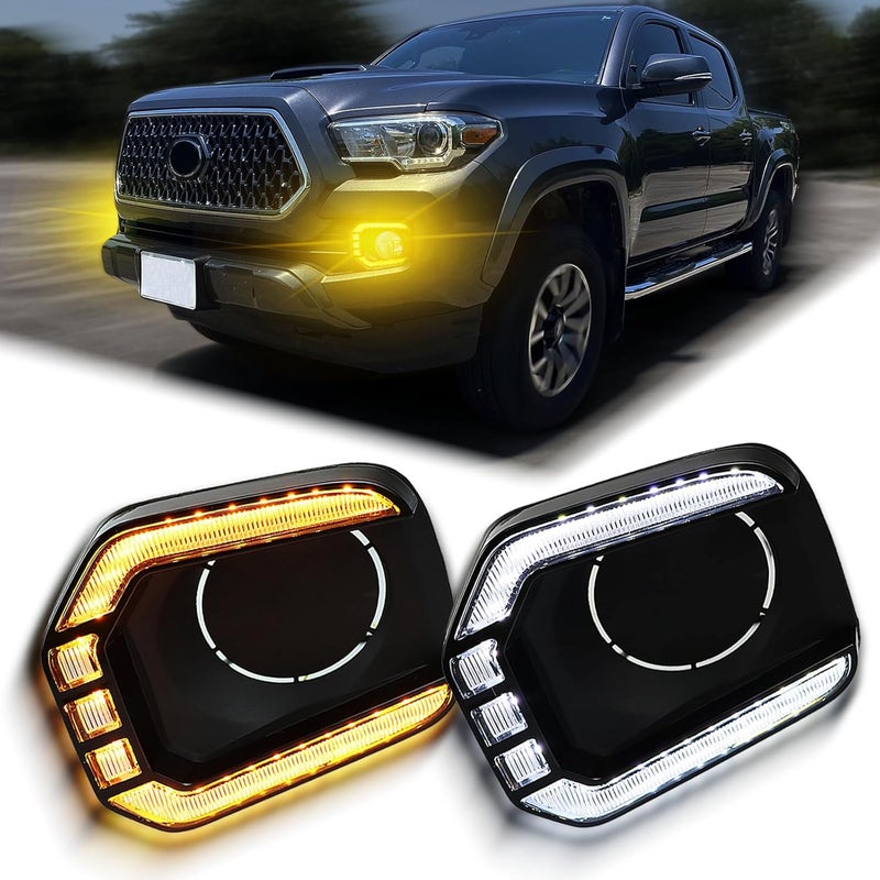 BINQIGOO LED Front Bumper Fog Light Daytime Running Lamp White/Amber Dynamic Sequential Turn Signal Light DRL For 2016-2023 Toyota Tacoma Accessories - Image 1
